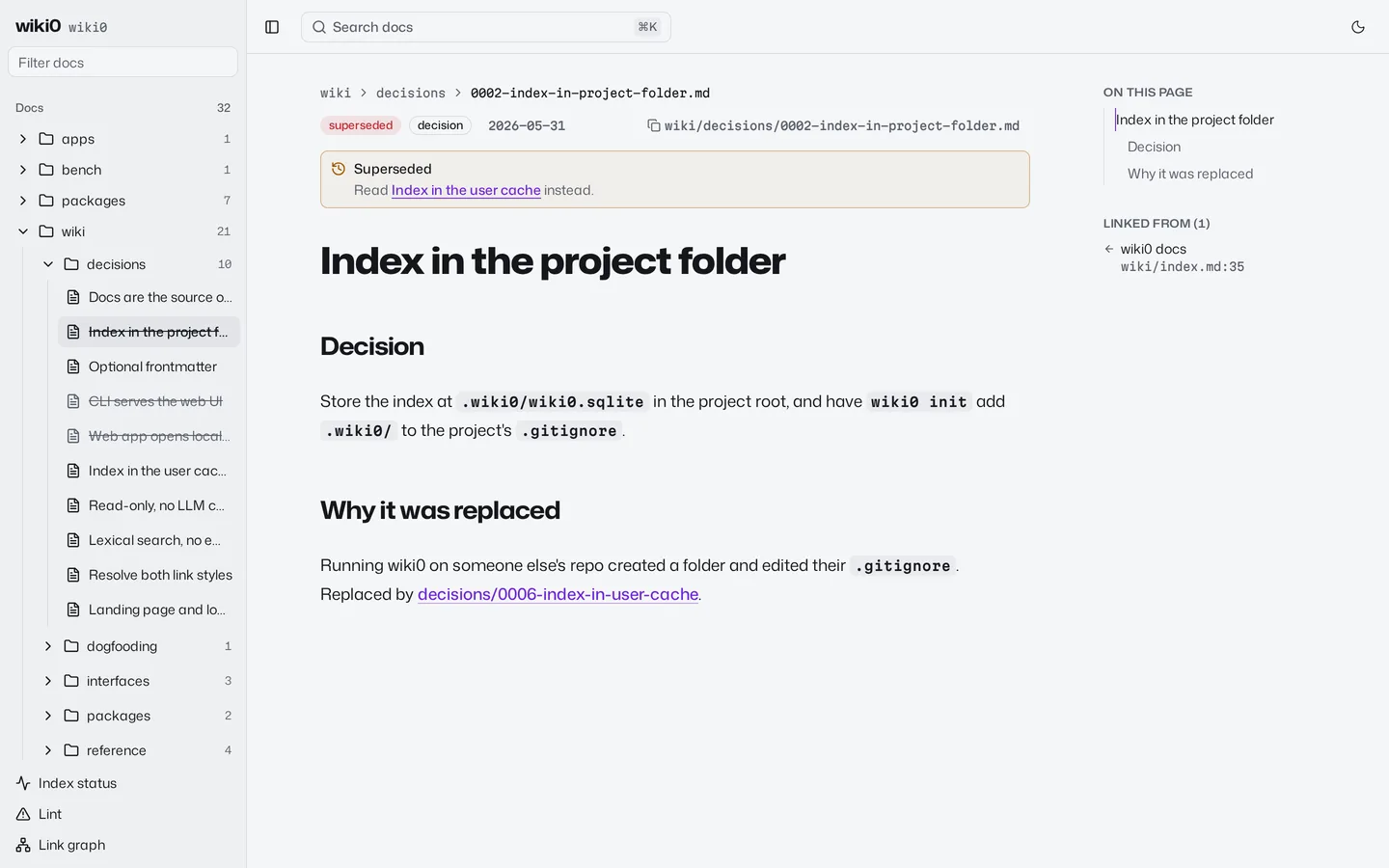 The replaced decision rendered in the docs browser, with a notice pointing to the decision that replaced it